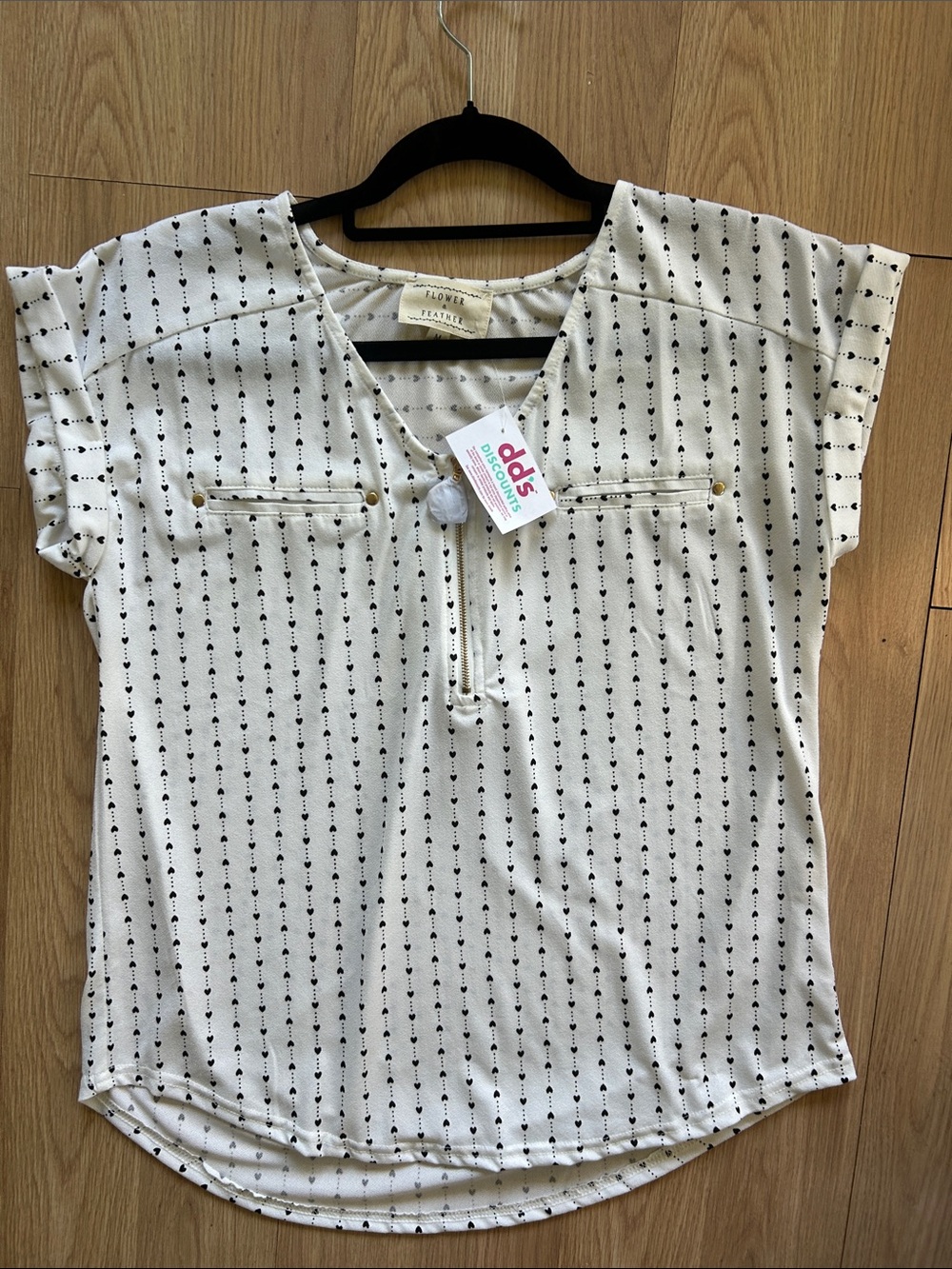 Flower by Jonquil Cream Dot-Pattern Zip-Front Short Sleeve Blouse
